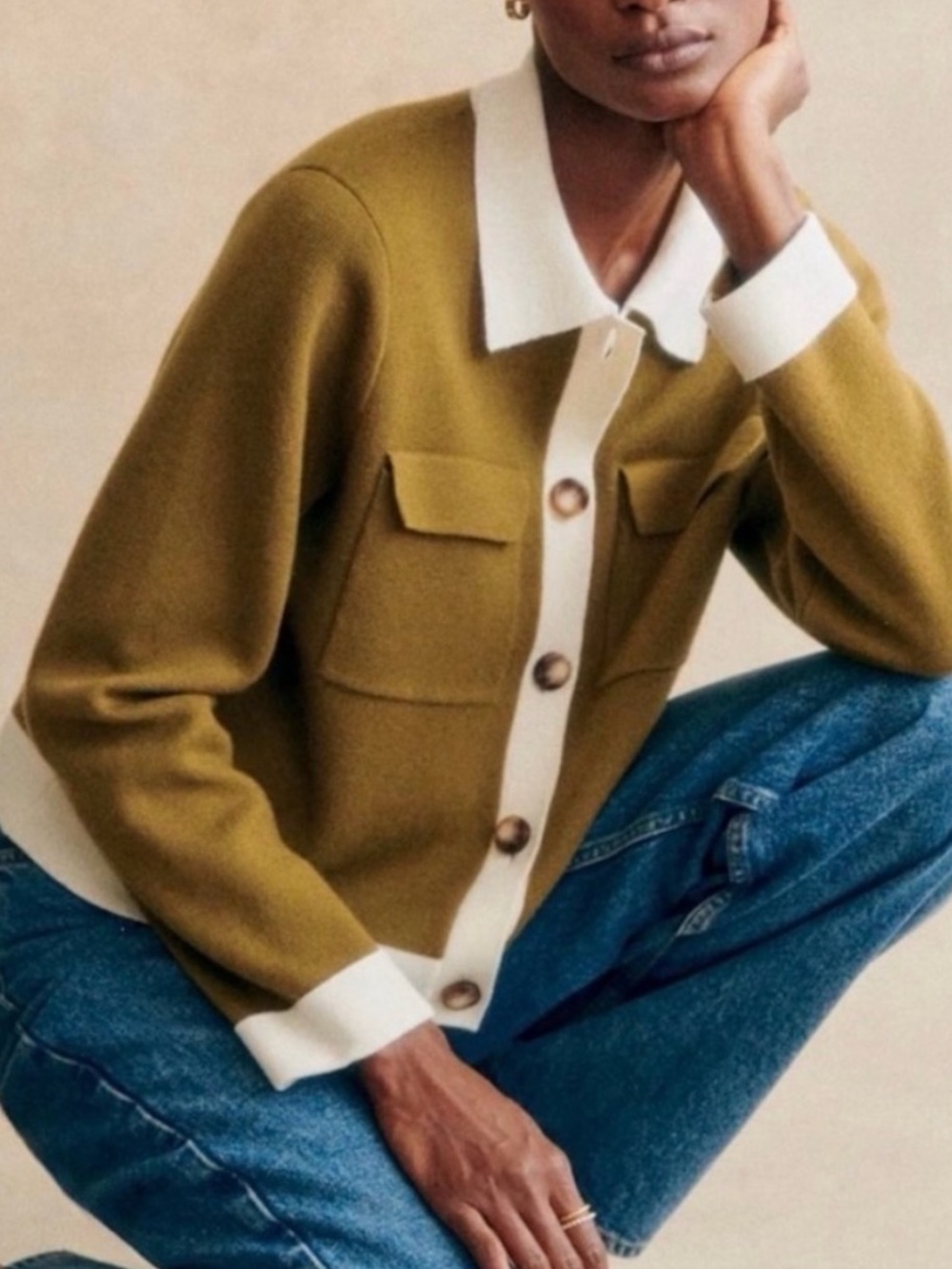 Sezane Betty Cardigan Olive Green Ecru Cream 100% Merino Wool Medium